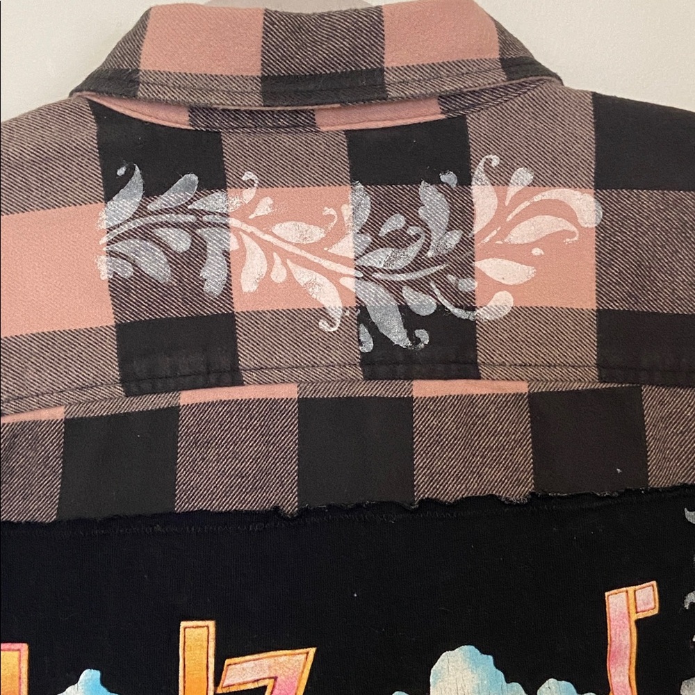 American Eagle Upcycled Flannel Led Zeppelin Patch Shirt Denim Pocket Large - Picture 10 of 13